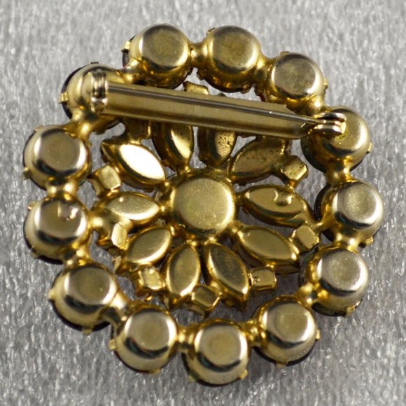 Vintage Brooch Red Rhinestones w/ Aurora Borealis Accents in Gold Tone Setting - Picture 4 of 5